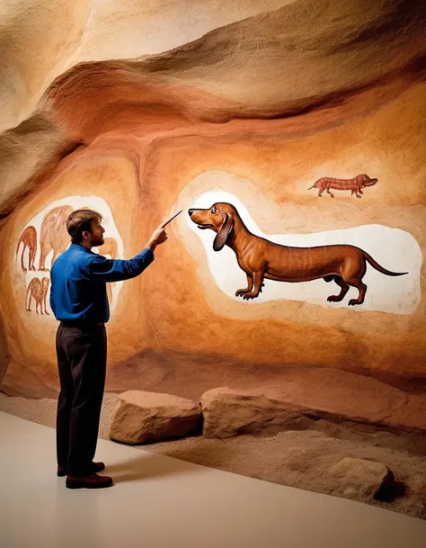 Paleontologist pointing at a cave painting of a giant wiener dog