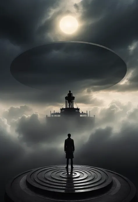 A striking and mysterious scene featuring a dark sun rising in a cloudy sky. A lone man stands at the top of a circular platform, with concentric circles surrounding him. The mans silhouette is cast against the ominous sky, creating a sense of anticipation...