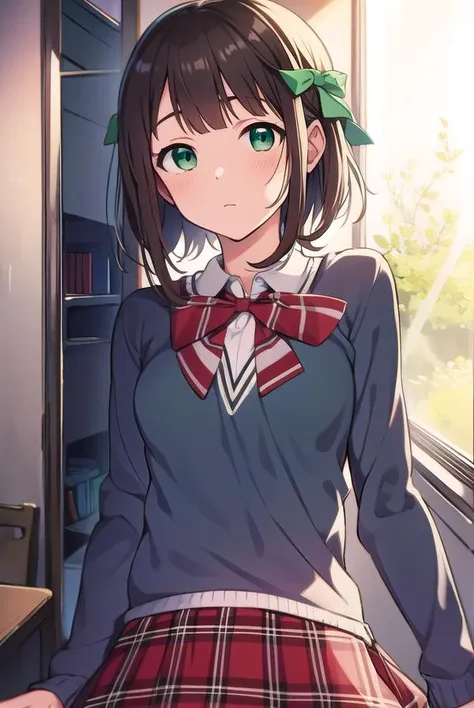 harukaamami, <lyco:harukaamami-LYCORIStest:1>,
haruka amami, brown hair, (green eyes:1.5), short hair, hair bow, hair ribbon, bangs, blunt bangs, (small breast:1.2),
BREAK bag, bow, school uniform, serafuku, skirt, sweater, long sleeves, red bow, blue skir...