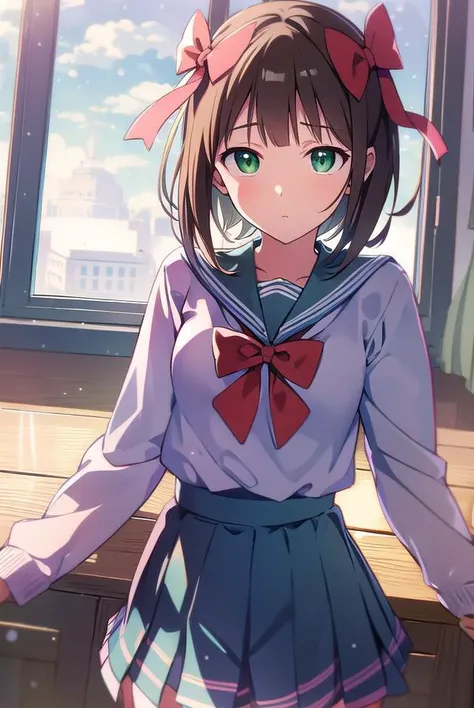 harukaamami, <lyco:harukaamami-LYCORIStest:1>,
haruka amami, brown hair, (green eyes:1.5), short hair, (hair bow:1.5), hair ribbon, bangs, blunt bangs, (small breast:1.2),
BREAK bag, bow, school uniform, serafuku, skirt, sweater, long sleeves, red bow, blu...