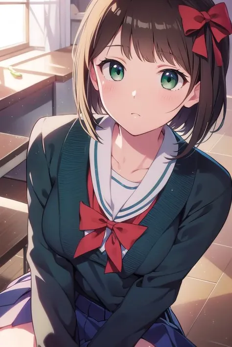 harukaamami, <lyco:harukaamami-LYCORIStest:1>,
haruka amami, brown hair, (green eyes:1.5), short hair, (hair bow:1.2), hair ribbon, bangs, blunt bangs, (small breast:1.2),
BREAK bag, bow, school uniform, serafuku, skirt, sweater, long sleeves, red bow, blu...