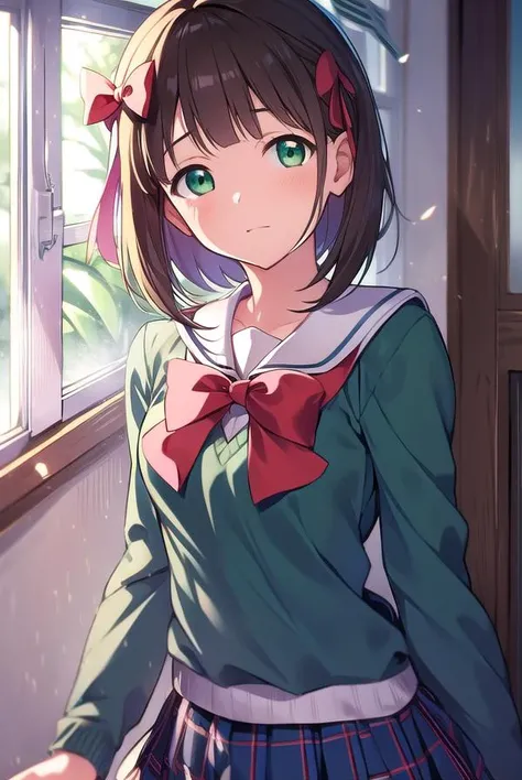 harukaamami, <lyco:harukaamami-LYCORIStest:1>,
haruka amami, brown hair, (green eyes:1.5), short hair, (hair bow:1.5), hair ribbon, bangs, blunt bangs, (small breast:1.2),
BREAK bag, bow, school uniform, serafuku, skirt, sweater, long sleeves, red bow, blu...