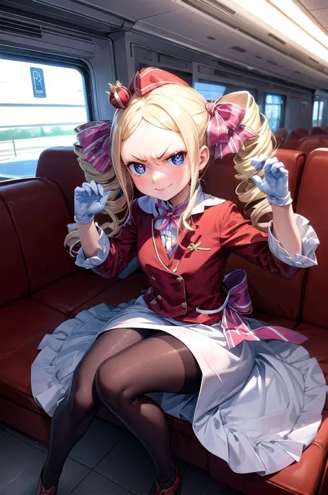 (masterpiece, best quality, detailed), 1girl, solo, looking at viewer, aabeatrice, symbol-shaped pupils, long hair, twin drills, sidelocks, hair ribbon, pink bow,
<lora:aeroflot_2LYCO:0.8> Stewardess, red unifrom, garrison cap, white gloves, pantyhose, ind...