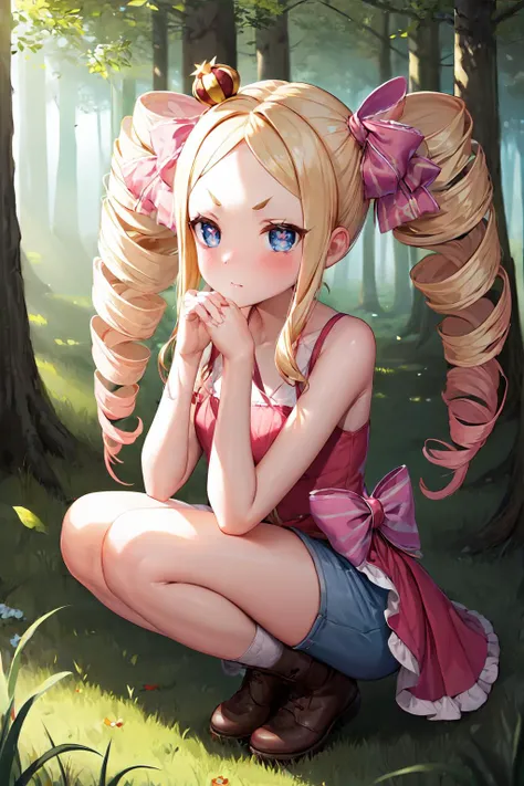 masterpiece, best quality, highres, aabeatrice, symbol-shaped pupils, mini crown, long hair, twin drills, sidelocks, v-shaped eyebrows, hair ribbon, pink bow, Bermuda shorts, Peplum Top, <lora:beatrice_(re_zero):0.7>, forest trail, winding path, sunlight f...