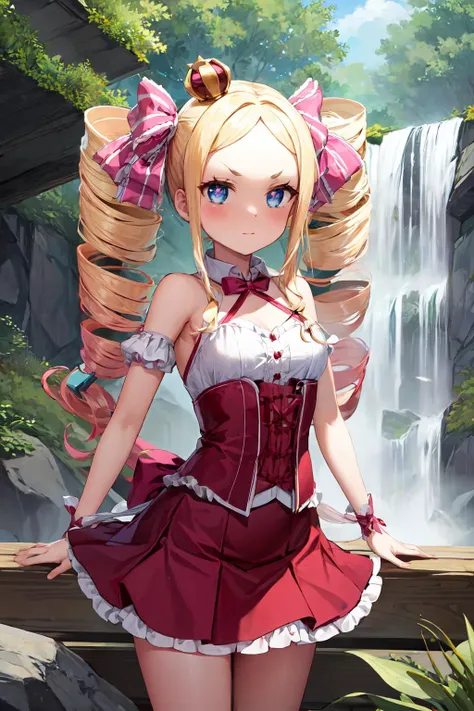 masterpiece, best quality, highres, aabeatrice, symbol-shaped pupils, mini crown, long hair, twin drills, sidelocks, v-shaped eyebrows, hair ribbon, pink bow, A-line skirt, Bustier Top, <lora:beatrice_(re_zero):0.7>, waterfall, misty spray, rocky cascades,...