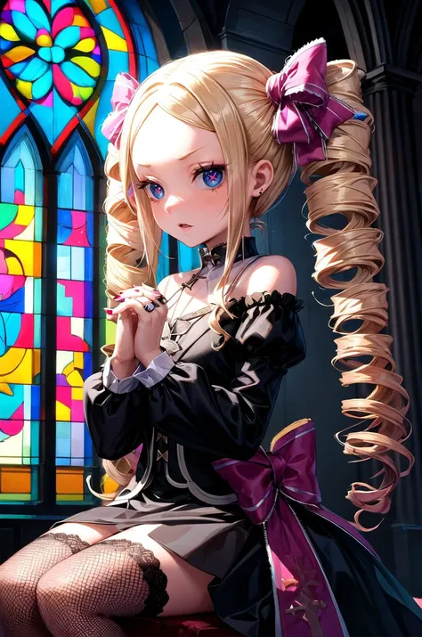 (masterpiece, best quality, detailed), 1girl, solo, looking at viewer, aabeatrice, symbol-shaped pupils, long hair, twin drills, sidelocks, hair ribbon, pink bow,
gothic, black lips, latin cross, cross earrings, black nails, vampire, black collar, multiple...