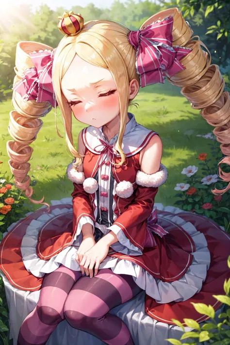 masterpiece,best quality,1girl,(solo),aabeatrice,closed eyes,blonde hair,long hair,twin drills,sidelocks,hair ribbon,mini crown,pink bow,dress,frilled dress,red dress,bow,ribbon,pom pom (clothes),long sleeves,wide sleeves,frills,pantyhose,striped pantyhose...