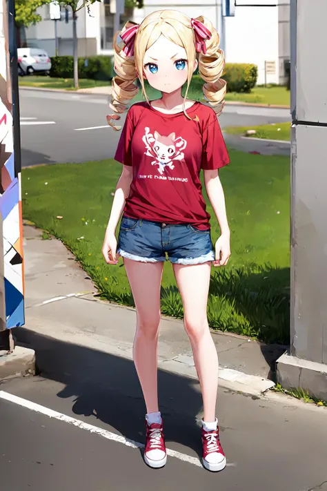 masterpiece, best quality, highres, aabeatrice, symbol-shaped pupils, mini crown, long hair, twin drills, sidelocks, v-shaped eyebrows, hair ribbon, pink bow, (Oversized_graphic_tee:1.5),(Denim_shorts_with_patchwork:1.4),(Canvas_high-top_sneakers:1.3),(Str...