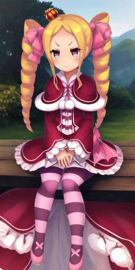 (Ultra-HD-details) 1girl, cutesie, outdoors <lora:beatrice_(re_zero):1> aabeatrice, symbol-shaped-pupils, mini-crown, long-hair, twin-drills, sidelocks, v-shaped-eyebrows, hair-ribbon, pink-bow, fur-trimmed-capelet, red-capelet, dress, frilled-dress, red-d...