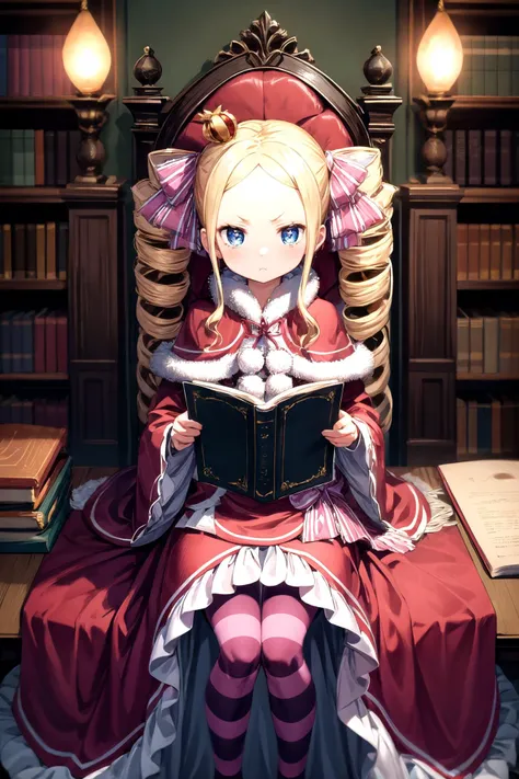 (masterpiece, best quality, detailed), 1girl, solo, looking at viewer, aabeatrice,symbol-shaped pupils,mini crown,long hair,twin drills,sidelocks,v-shaped eyebrows,hair ribbon,pink bow,fur-trimmed capelet,red capelet,dress,frilled dress,red dress,bow,ribbo...