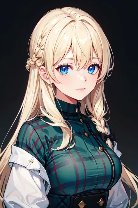 <lora:bgp_v1:0.7> dr4pep0kie, blue-green-plaid,, ultra detailed, masterpiece, best quality, aesthetic, detailed,, solo, soft smile, light smile,
1girl, blue eyes, very long hair, blonde hair, long blonde hair, french braid, bangs, medium breasts,