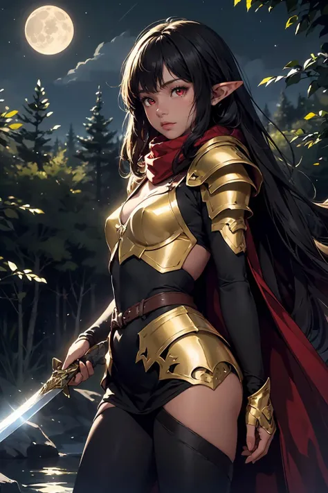 1girl, solo, red eyes, pointy ears, (dark skin), scarf, dark-skinned female, elf, golden armor, forest, night, darkness, (big sword), moon, black and gold cloak