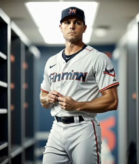 arafed baseball player in uniform standing in locker with his hands on his hip