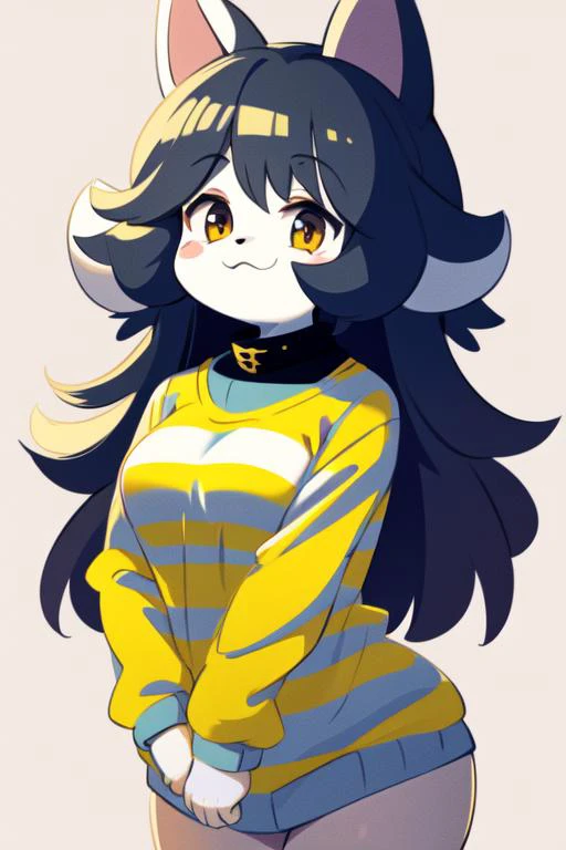 <hypernet:temmie:0.8> temmie, 1girl, furry, four ears, long gray hair, blue and yellow striped sweater, fluffy fur texture, bottomless