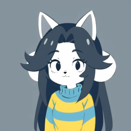 <hypernet:temmie:0.8> temmie, 1girl, furry, feral, four ears, blue and yellow striped sweater, goth