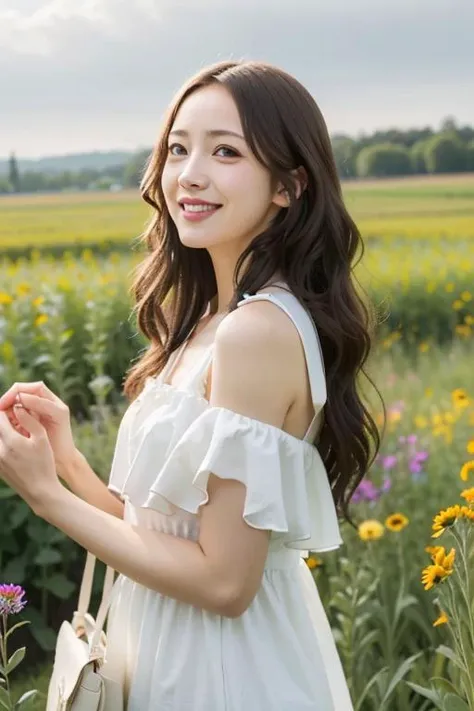 a woman standing in a field of flowers holding a purse