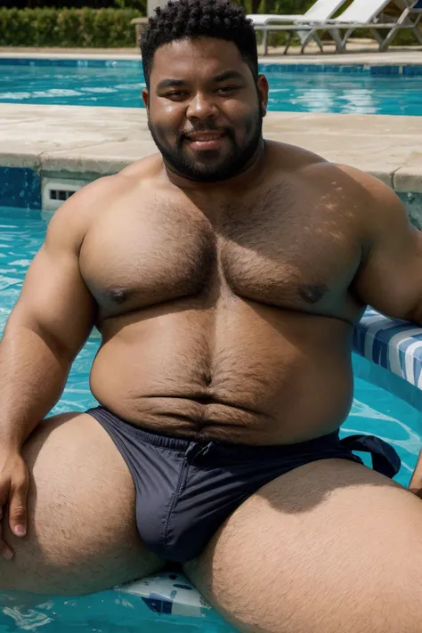 Black man JosephOnweghi, dark skin, shirtless, swimming trunks, sitting by the poolside, smile, bulge
 <lora:!rs-JosephOnweghiLora-04:1><lora:weight_slider_v2:1> <lora:muscle_slider_v1:-0.8>  <lora:bulgerk-dickprint:0.5>