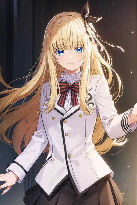 julietpersia, <lora:juliet persia s1-lora-nochekaiser:1>,
juliet persia, long hair, bangs, blue eyes, blonde hair, black ribbon, black bow, hair ribbon, hair bow, smile,
BREAK skirt, shirt, thighhighs, long sleeves, school uniform, jacket, white shirt, ple...