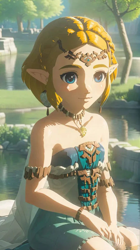 cinematic film still of a cute totkzelda,1girl,detailed wearing organza puffy dress,short hair,bare shoulders,solo,spread deep cleavage,leaning forward,detailed eyes,detailed bond hair,(detailed White skin),(detailed light skin),medium breasts,(sunlight),(...