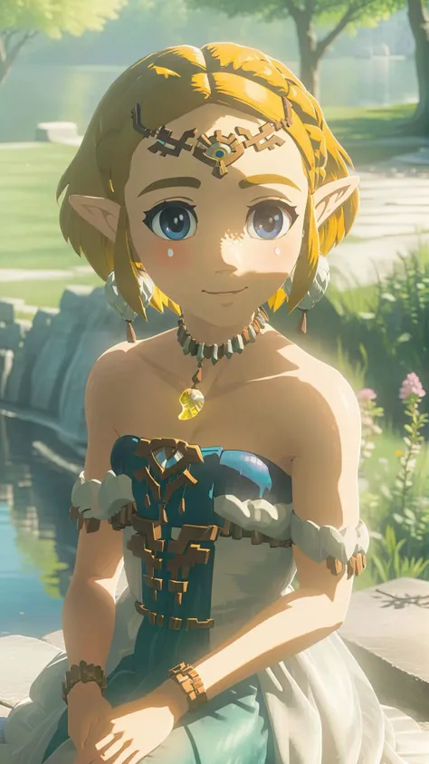 cinematic film still of a cute totkzelda,1girl,detailed wearing organza puffy dress,short hair,bare shoulders,solo,spread deep cleavage,leaning forward,detailed eyes,detailed bond hair,(detailed White skin),(detailed light skin),medium breasts,(sunlight),(...