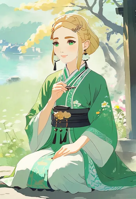 (chinese ink painting:1.9) style of a green eyes girl like totkzelda wearing hanfu Sitting in the middle of the flowers,short blond hair,solo,<lora:xl_totkz:1>, 
detailed background, sunny day,smiling,traditional media