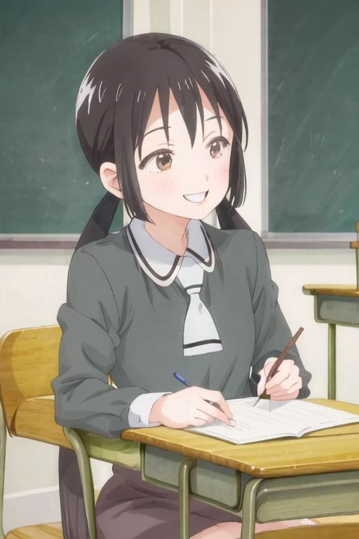 best quality, masterpiece, highres, solo, {hanako_honda_asobiasobase:1.15}, black_hair, long_hair, twintails, brown_eyes, necktie, 1girl, school_uniform, chalkboard, smile, classroom