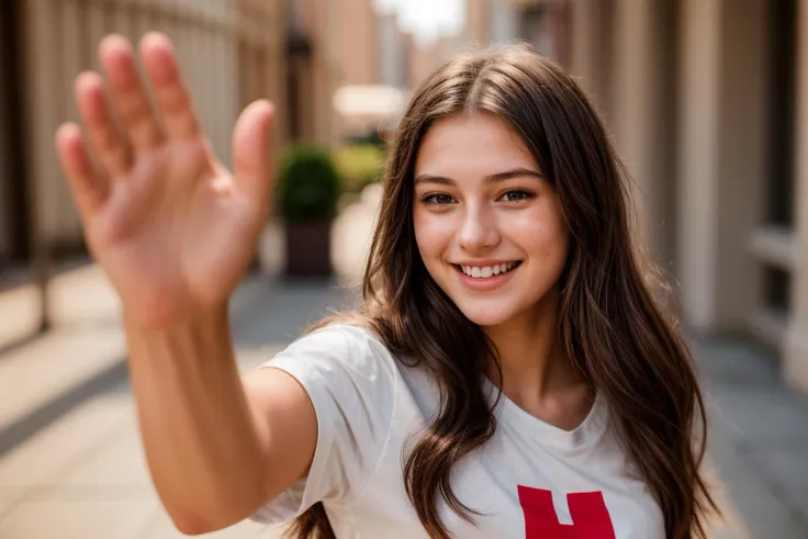 photo of a 18 year old girl,high five,happy,laughing,shirt,ray tracing,detail shadow,shot on fujifilm x-t4,85mm f1.2,sharp focus...