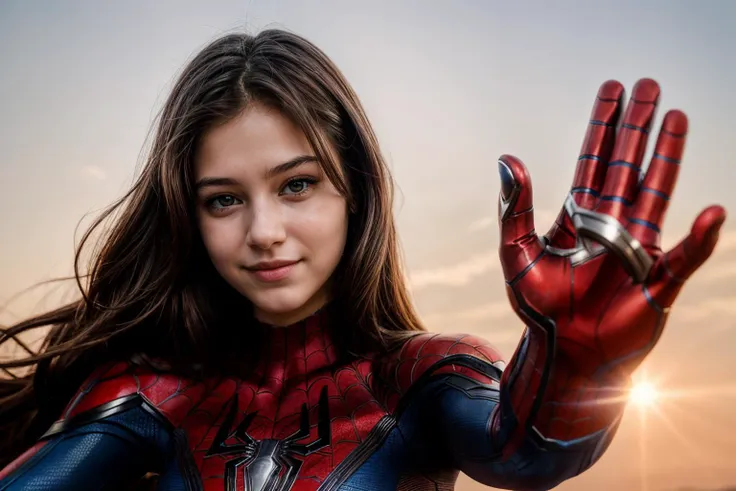 marvel movies,photo of a 18 year old girl,spiderman,high five,happy,ray tracing,detail shadow,shot on fujifilm x-t4,85mm f1.2,sh...