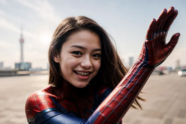 marvel movies,photo of a 18 year old girl,spiderman,high five,happy,laughing,outdoor,windy,street,tokyo,ray tracing,detail shado...