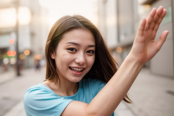 photo of a 25 year old girl,high five,happy,laughing,shirt,outdoor,windy,street,tokyo,ray tracing,detail shadow,shot on Fujifilm X-T4,85mm f1.2,depth of field,bokeh,motion blur,<lora:add_detail:1>,