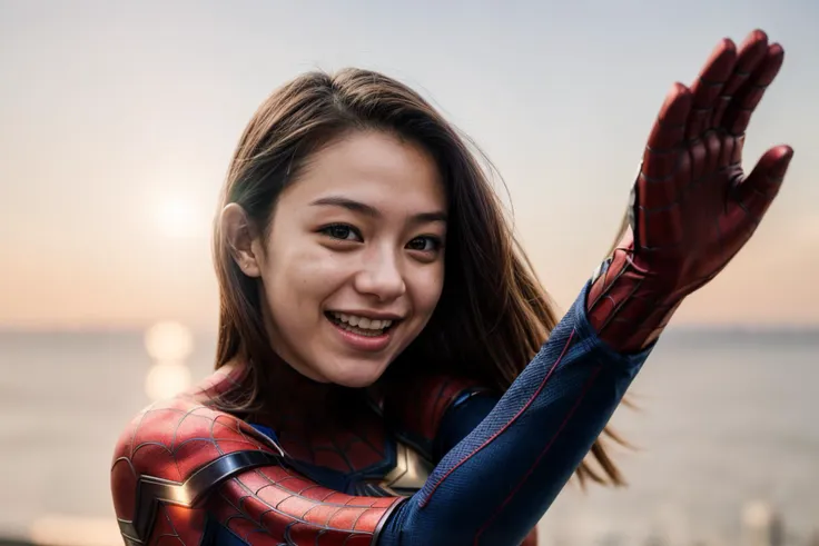 marvel movies,photo of a 18 year old girl,spiderman,high five,happy,laughing,outdoor,windy,street,tokyo,ray tracing,detail shado...