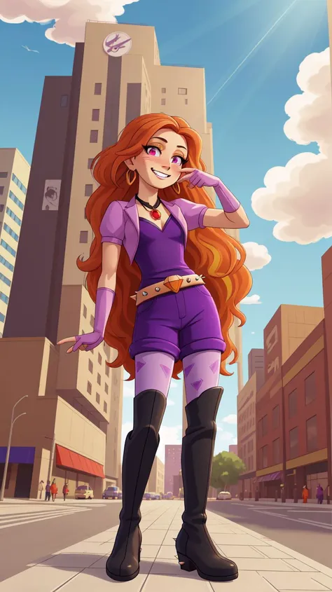 a cartoon girl in a purple dress and boots standing on a city street