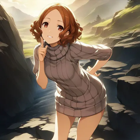 game cg,official art, 
rating: general
[general, sensitive,questionable,explicit:100]
newest,late,mid,early
[newest,late,mid,early,oldest:100]
turtleneck sweater,sweater dress, ribbed sweater, smile, parted lips, 
active,energetic, scenery, solo focus, sta...