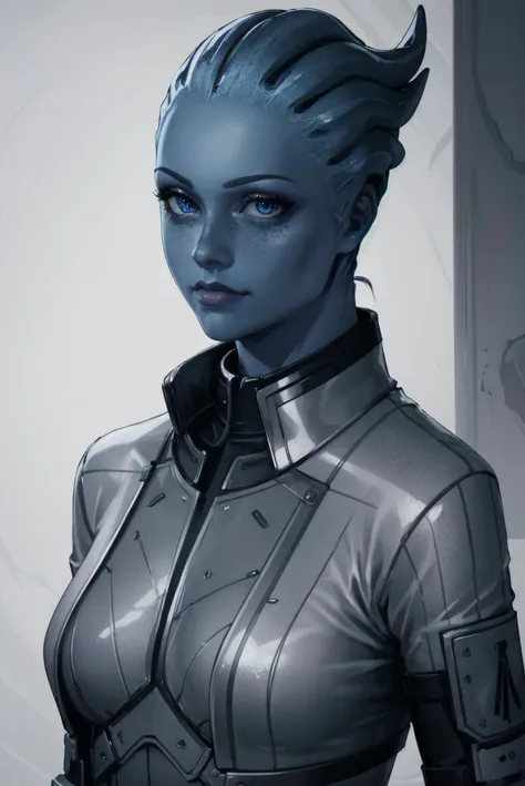 a close up of a woman in a futuristic suit with blue eyes