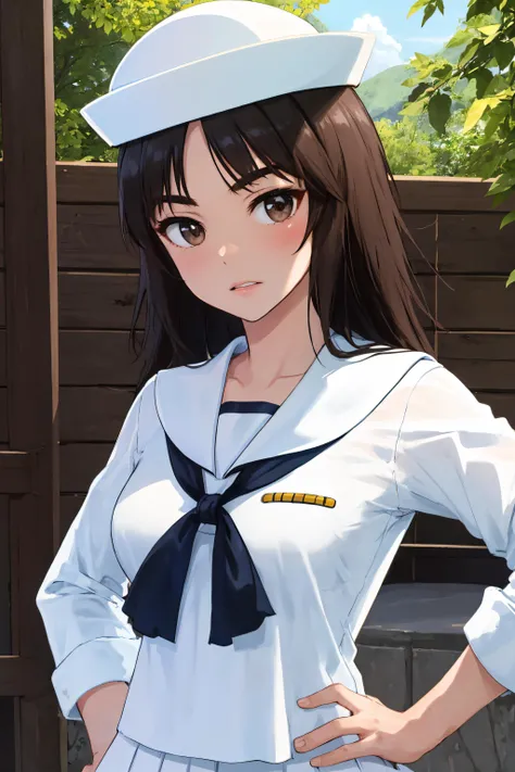 masterpiece, best quality, outdoors,
murakamidef, 1girl, solo, looking at viewer, upper body, 
long hair, black hair, black eyes,
hat, white headwear, bangs, military hat, dixie cup hat, shirt, school uniform, white shirt, skirt, sailor collar, sailor, ple...