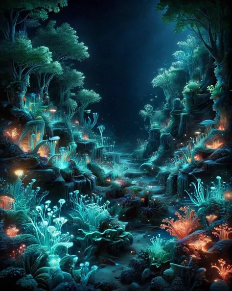 made of ais-blmn, Cinematic still, landscape of a Warm (Coral Reef:1.3) , at Blue hour, behance, Calotype, science fiction, painterly, ((Elegant)) , ((Phenomenal)) , ((Breathtaking)) , ((Detailed)) , ((Captivating)) , ((Astounding)) , fantasy, Spells, Natu...