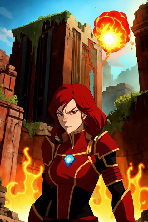 1girl,red hair,black eyes, red armor, serious, evil, posing, air nation temple, upper body, fire , destroyed buildings, earth, cool, outside, the legend of korra, masterpiece, ultra detailed, high quality ,<lora:the_legend_of_korra_offset:1>