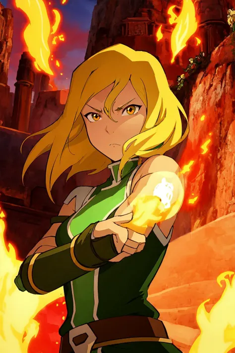 1girl,blonde hair,brown eyes, green armor, serious, posing, air nation temple, fire , earth, cool, outside, the legend of korra, masterpiece, ultra detailed, high quality ,<lora:the_legend_of_korra_offset:1>