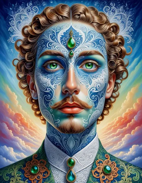 A mesmerizing, surreal portrait of an enigmatic character, predominantly in shades of blue and white. The face is intricately adorned with ornate patterns, especially around the eyes, which are large and expressive. The captivating green eyes are framed by...