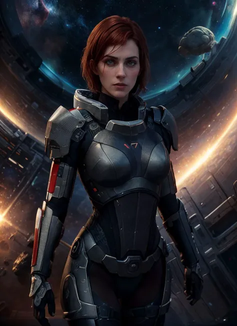 a woman in a futuristic suit stands in front of a space station