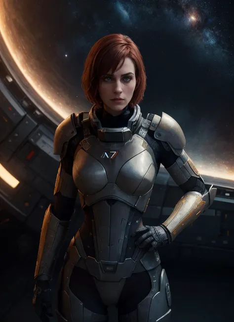 a woman in a futuristic suit standing in front of a planet