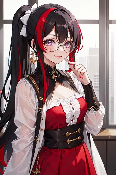 <lora:circle-glasses_v1.1:0.7> circle-glasses, red dress,, ultra detailed, masterpiece, best quality, aesthetic, detailed,, solo, smug smile, 1girl, purple eyes, red-framed eyewear, (black hair, red colored tips:1.2), red streaked hair, very long hair, sid...