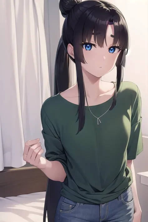 ushiwakamaru, <lyco:ushiwakamarupinta-lyco-nochekaiser:1>,
ushiwakamaru pinta, long hair, bangs, blue eyes, black hair, very long hair, sidelocks, hair bun, side ponytail, parted bangs,
BREAK shirt, collarbone, shorts, green shirt,
BREAK indoors, bed,
BREA...