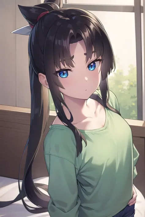 ushiwakamaru, <lyco:ushiwakamarupinta-lyco-nochekaiser:1>,
ushiwakamaru pinta, long hair, bangs, blue eyes, black hair, very long hair, sidelocks, hair bun, side ponytail, parted bangs,
BREAK shirt, collarbone, shorts, green shirt,
BREAK indoors, bed,
BREA...