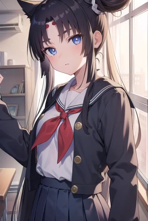 ushiwakamaru, <lyco:ushiwakamaru-lyco-nochekaiser:1>, 
ushiwakamaru, black hair, blue eyes, long hair, side ponytail, sidelocks, parted bangs, (small breast:1.2), hair bun, single bun, side bun,
BREAK school uniform, serafuku, skirt, pleated skirt,
BREAK l...