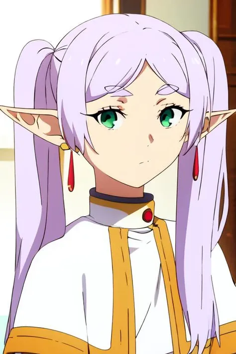 ((masterpiece)), (best quality), highres, ultra-detailed, absurdres,
 <lora:JibakuFrierenv2:0.8> , frieren, 1girl, earrings, elf, long hair, pointy ears, solo, twintails, green eyes, earrings, white hair, looking at viewer, capelet, white capelet, white sl...