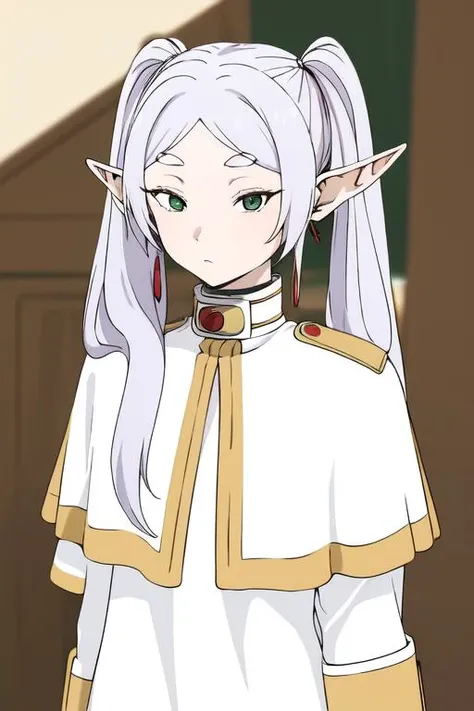 ((masterpiece)), (best quality), highres, ultra-detailed, absurdres,
 <lora:JibakuFrierenv2:0.8> , frieren, 1girl, earrings, elf, long hair, pointy ears, solo, twintails, green eyes, earrings, white hair, looking at viewer, capelet, white capelet, white sl...