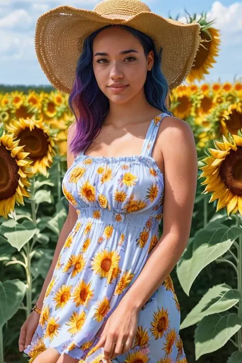 DEN_sofia_gomezMK2
(walking through a field of sunflowers wearing a (summer dress:1.3) and sun hat, field, sunflowers, summer, scenic:1.2),
bokeh, f1.4, 40mm, photorealistic, raw, 8k, textured skin, skin pores, intricate details  <lora:epi_noiseoffset2:1>,...