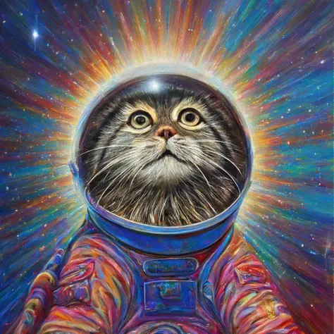 painting of pallas cat in spacesuit by louis wain, tetradic colors, hyperspace, galaxy nebula, rain, colorful, photorealistic, lighting, star explosion, cosmonaut