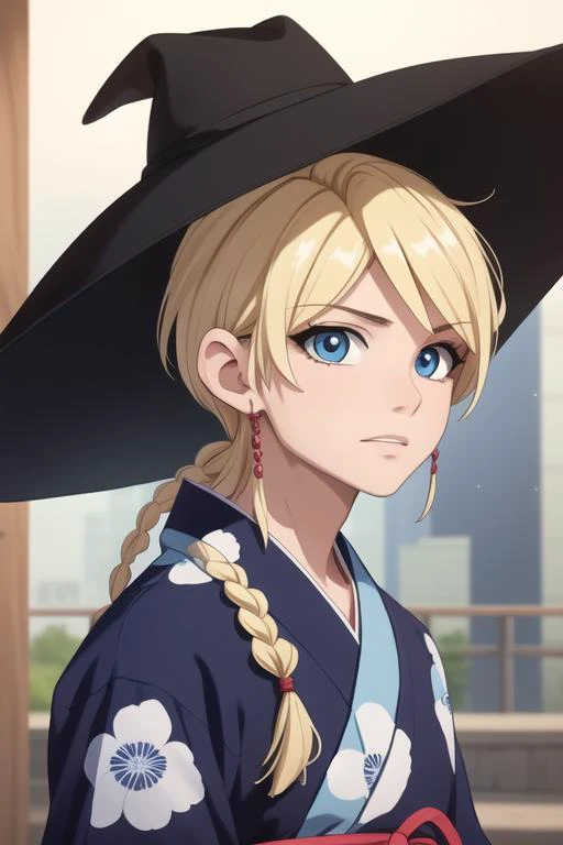 masterpiece, best quality, high quality, 1boy, solo, male focus, looking at viewer, upper body, <lora:titus_alexius:0.58>, titus_alexius, blonde hair, jewelry, blue eyes, hat, braid, yukata